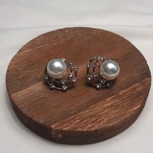 Gold Tone Button Earrings with Faux Pearl and Rhinestones